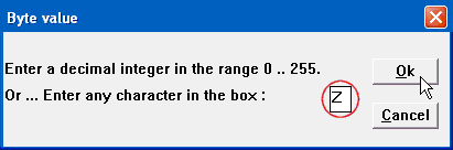 screen shot: single character entry dialog, converts character to byte value